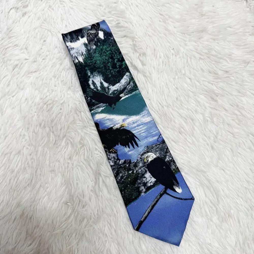 LOST KINGDOM / vintage blue black bald eagle nature themed tie